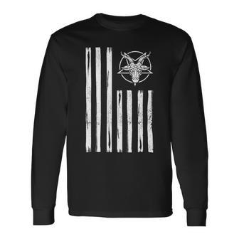 Patriotic Satan American Flag Occult Pentagram Baphomet 666 3 Long Sleeve T-Shirt - Monsterry UK