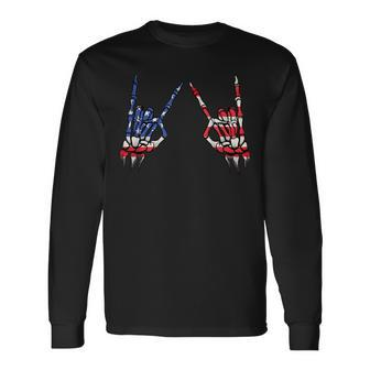 Patriotic Usa Flag Skeleton Rock On Devil Horns 4Th Of July Patriotic Long Sleeve T-Shirt T-Shirt | Mazezy