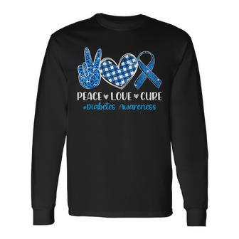 Peace Love Cure Grey Blue Ribbon Diabetes Awareness Long Sleeve T-Shirt - Monsterry