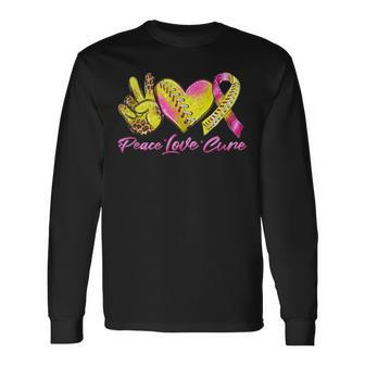 Peace Love Cure Pink Ribbon Softball Breast Cancer Awareness Long Sleeve T-Shirt - Seseable