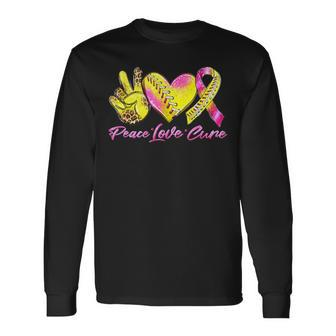 Peace Love Cure Pink Ribbon Softball Breast Cancer Awareness Long Sleeve T-Shirt - Monsterry