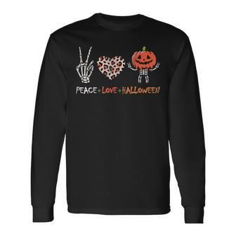 Peace Love Halloween Pumpkin Skeleton Leopard Heart Long Sleeve T-Shirt - Thegiftio UK