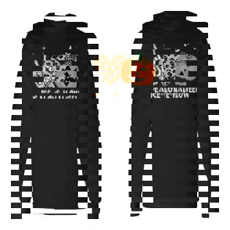 Peace Love Halloween Scary Pumpkin Leopard Skeleton Long Sleeve T-Shirt - Monsterry