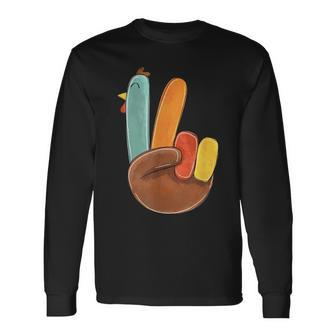 Peace Sign Turkey Hand Cute Turkey Happy Thanksgiving Day Long Sleeve T-Shirt - Seseable