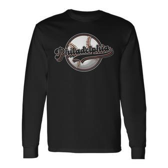 Philly Cityscape Baseball Philadelphia Skyline Retro Vintage Long Sleeve T-Shirt | Mazezy