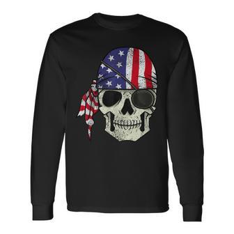 Pirate 4Th Of July Distressed Usa Skull American Flag Long Sleeve T-Shirt T-Shirt | Mazezy