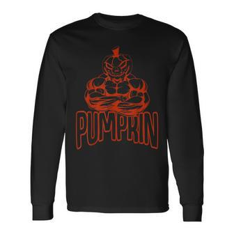 Pumpkin Bodybuilder Weightlifting Costume Halloween Halloween Long Sleeve T-Shirt | Mazezy