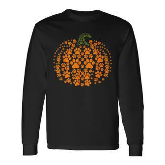 Pumpkin Dog Cat Paw Print Halloween Pet Lover Long Sleeve T-Shirt - Seseable