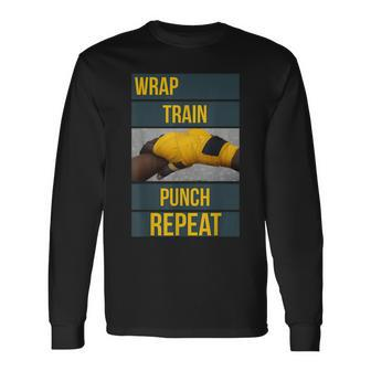 Punchy Graphics Wrap Train Punch Repeat Boxing Kickboxing Long Sleeve T-Shirt | Mazezy