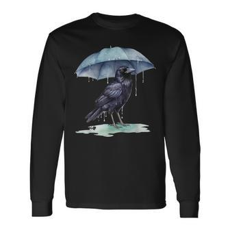 Raven Playing In The Rain With An Umbrella Novelty Apparel Long Sleeve T-Shirt | Mazezy