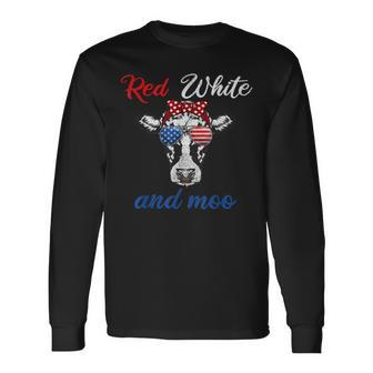 Red White & Moo 4Th Of July Apparel Usa Patriotic Cow Long Sleeve T-Shirt - Monsterry AU