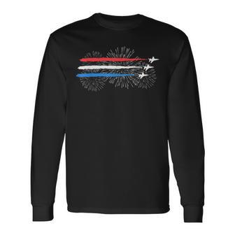 Red White And Blue Fighter Jets With Fireworks 4Th Of July Long Sleeve T-Shirt - Monsterry