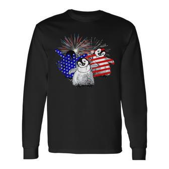 Red White Blue Penguin Fireworks 4Th Of July Long Sleeve T-Shirt - Monsterry