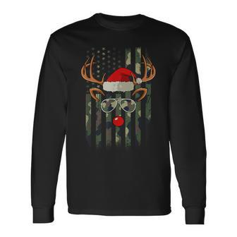 Reindeer Camo American Flag Christmas Pajama X-Mas Veteran Long Sleeve T-Shirt - Thegiftio UK