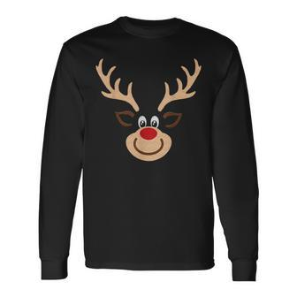 Reindeer Face Deer & Red Nose Brown Christmas Long Sleeve T-Shirt - Seseable