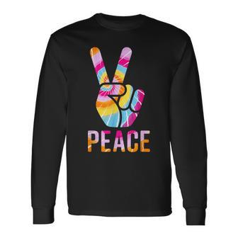 Retro 60’S 70’S Tie Dye Peace V Hand Sign Hippie Graphic Long Sleeve T-Shirt - Seseable