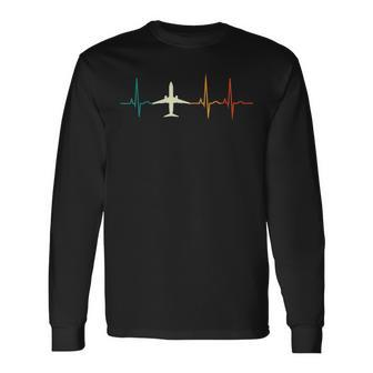 Retro Airplane Heartbeat Pilot Flying Cool Aviator Long Sleeve T-Shirt - Seseable