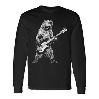 Retro Bear Playing Bass Guitar Bear Guitarist Music Lovers Long Sleeve T-Shirt - Seseable