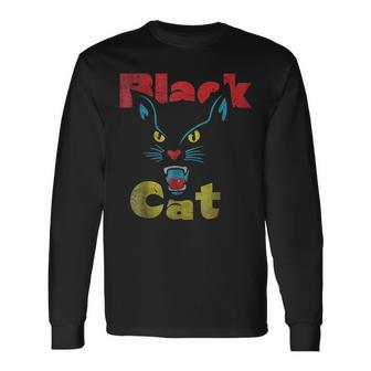 Retro Black Cat Retro Fireworks Vintage Halloween 70S Long Sleeve T-Shirt - Thegiftio UK