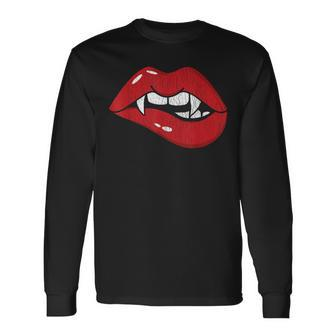 Retro Dracula Vampire Red Lips Th Bite Halloween Costume Long Sleeve T-Shirt - Monsterry UK