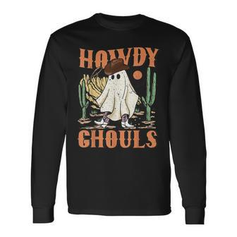 Retro Halloween Howdy Ghouls Western Boo Ghost Spooky Season Long Sleeve T-Shirt - Monsterry