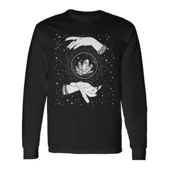 Retro Vintage Witchy Crystal Ball Witch Hands & Stars Black Retro Long Sleeve T-Shirt | Mazezy