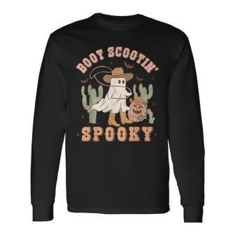 Retro Western Halloween Cowboy Ghost Boot Scootin Spooky Long Sleeve T-Shirt | Mazezy CA