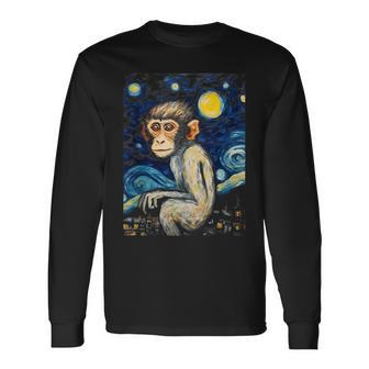 Rhesus Monkey Starry Night Animal Lover Graphic Long Sleeve T-Shirt | Mazezy