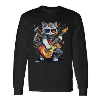 Rock Cat Playing Guitar Guitar Cat Long Sleeve T-Shirt - Monsterry
