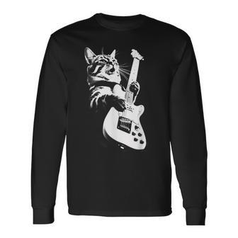 Rock Cat Playing Guitar Guitar Cat Long Sleeve T-Shirt - Monsterry