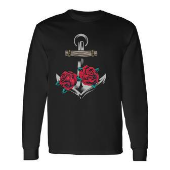 Rose And Anchor Nautical Tattoo Long Sleeve T-Shirt T-Shirt | Mazezy