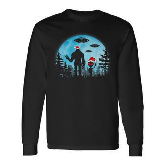 Santa Bigfoot And Alien Ufo Night Forest Christmas Sasquatch Long Sleeve T-Shirt - Seseable