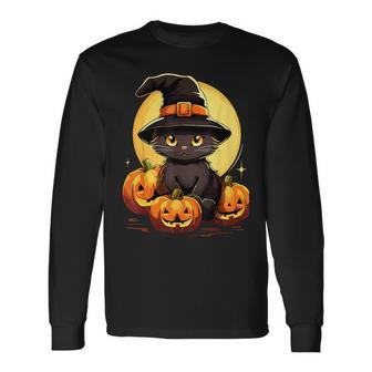 Scary Black Cat Witch Hat Pumpkin Vintage Halloween Costume Long Sleeve T-Shirt | Seseable CA