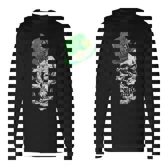 Scary St Patricks Day Skull With Lucky Leprechaun Hat Long Sleeve T-Shirt T-Shirt | Mazezy
