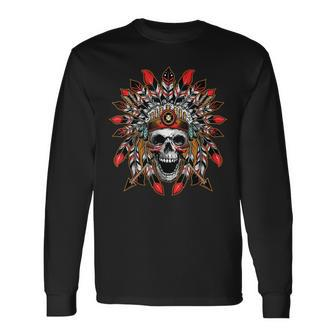 Screaming Skull In Native American Indian Headdress Feathers Native American Long Sleeve T-Shirt | Mazezy