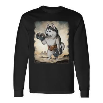 Siberian Husky Dog Muscle Training Weightlifting Dumbbell Long Sleeve T-Shirt - Monsterry AU