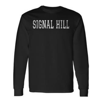 Signal Hill Vintage White Text Apparel Long Sleeve T-Shirt | Mazezy