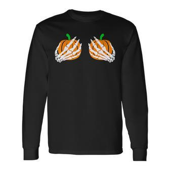 Skeleton Hand Boob Pumpkin Spooky Season Retro Halloween Long Sleeve T-Shirt | Mazezy