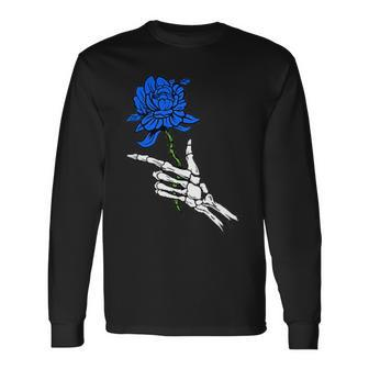 Skeleton Hand Holding A Blue Rose Long Sleeve T-Shirt T-Shirt | Mazezy