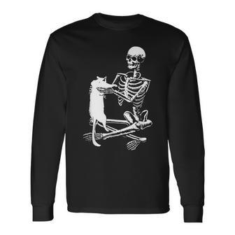 Skeleton Holding A Cat Lazy Halloween Costume Skull Long Sleeve T-Shirt - Monsterry