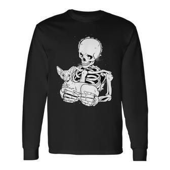 Skeleton Holding A Cat Lazy Halloween Costume Skull Long Sleeve T-Shirt - Seseable