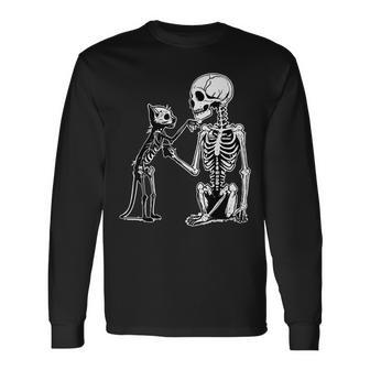Skeleton Holding A Cat Lazy Halloween Costume Skull Lover Long Sleeve T-Shirt - Thegiftio UK