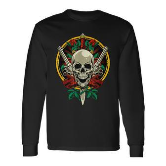 Skull Face With Roses 80S 90S Rock Music Guns And Skull Long Sleeve T-Shirt | Mazezy