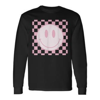 Smile Face Pink Vintage Checkered Pattern Retro Happy Face Long Sleeve T-Shirt | Mazezy