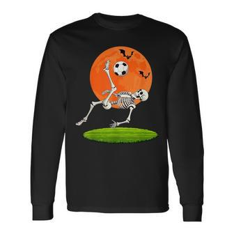 Soccer Skeleton Overhead Kick Soccer Player Halloween Moon Long Sleeve T-Shirt - Monsterry