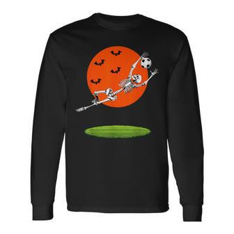Soccer Skeleton Soccer Player Goalie Halloween Sports Moon Long Sleeve T-Shirt - Monsterry
