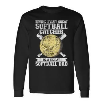 Softball Catcher Dad Pitcher Fastpitch Coach Fathers Day Long Sleeve T-Shirt - Seseable