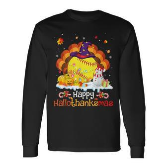 Softball Halloween Christmas Thanksgiving Hallothanksmas Long Sleeve T-Shirt - Monsterry AU