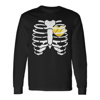 Softball Heart Inside Ribs Skeleton Halloween Costume Long Sleeve T-Shirt - Seseable