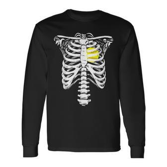 Softball Heart Skeleton Rib Cage Halloween Love Softball Long Sleeve T-Shirt | Mazezy